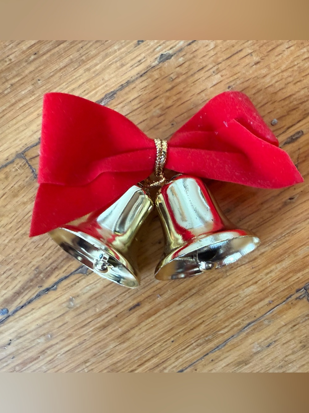 Vintage Gold Twin Christmas Bell Ornament with Red Velvet Bow